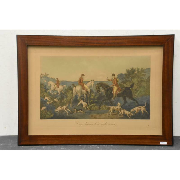 PAIR Antique CARLE VERNET hunting horse dogs coloured Lithograph framed