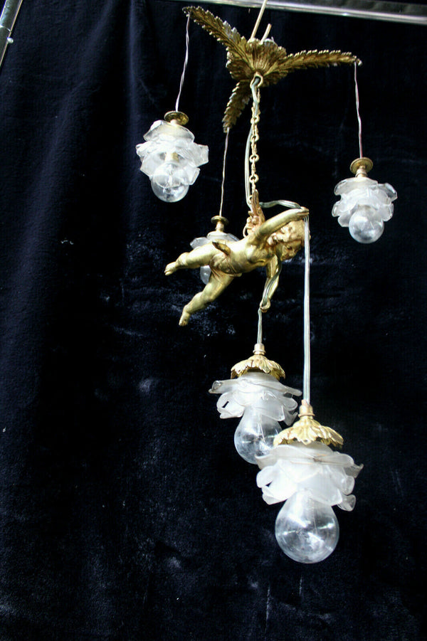 RAre French antique bronze angel putti cherub pendant lamp chandelier