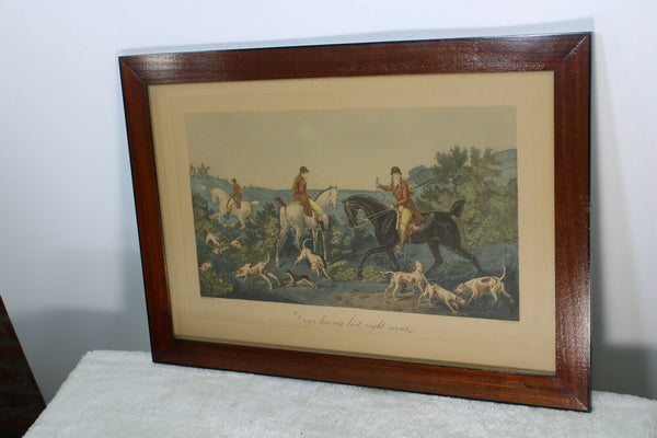 PAIR Antique CARLE VERNET hunting horse dogs coloured Lithograph framed