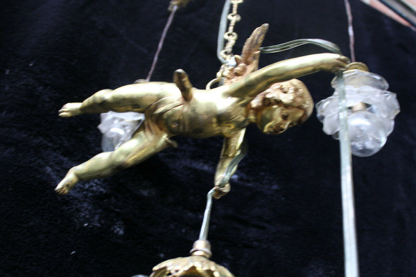 RAre French antique bronze angel putti cherub pendant lamp chandelier