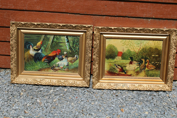 PAIR Flemish school oil panel animal chicken duck Painting signed