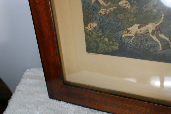 PAIR Antique CARLE VERNET hunting horse dogs coloured Lithograph framed