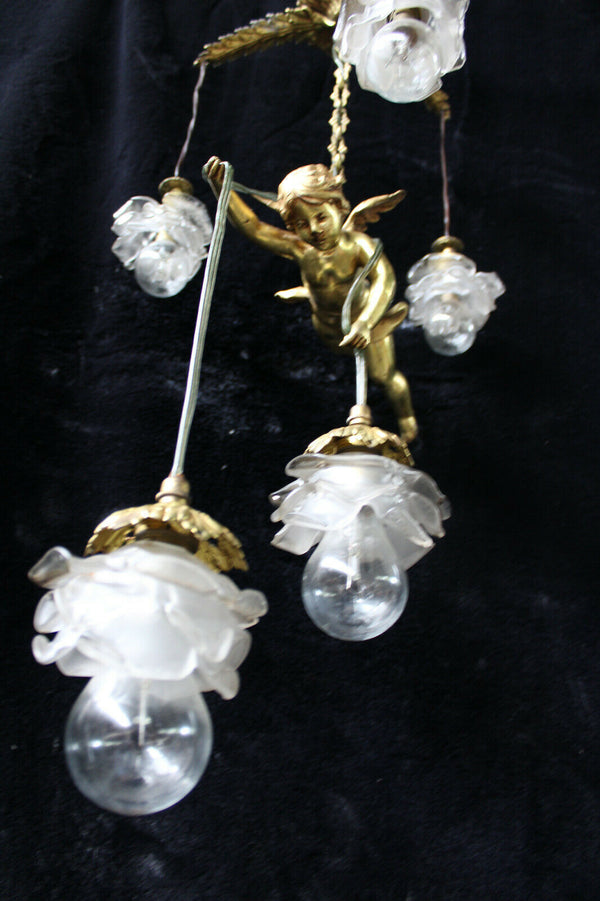 RAre French antique bronze angel putti cherub pendant lamp chandelier