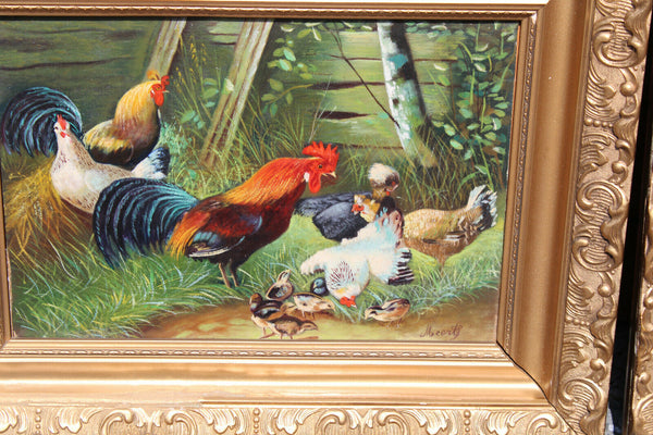 PAIR Flemish school oil panel animal chicken duck Painting signed