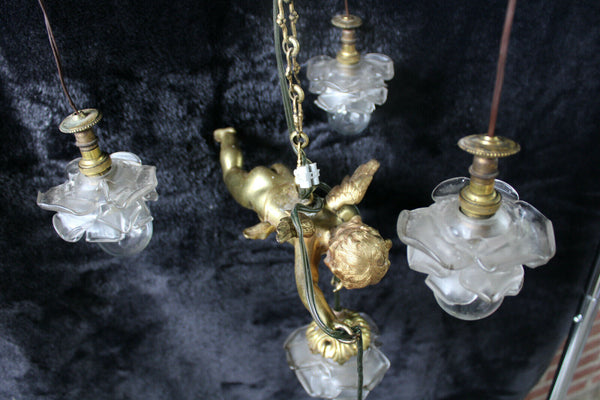 RAre French antique bronze angel putti cherub pendant lamp chandelier