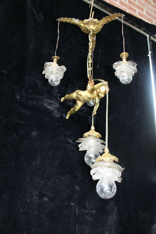RAre French antique bronze angel putti cherub pendant lamp chandelier