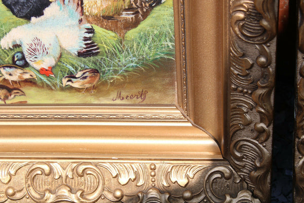 PAIR Flemish school oil panel animal chicken duck Painting signed