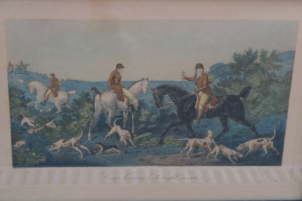 PAIR Antique CARLE VERNET hunting horse dogs coloured Lithograph framed