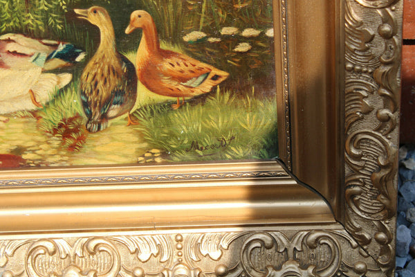 PAIR Flemish school oil panel animal chicken duck Painting signed