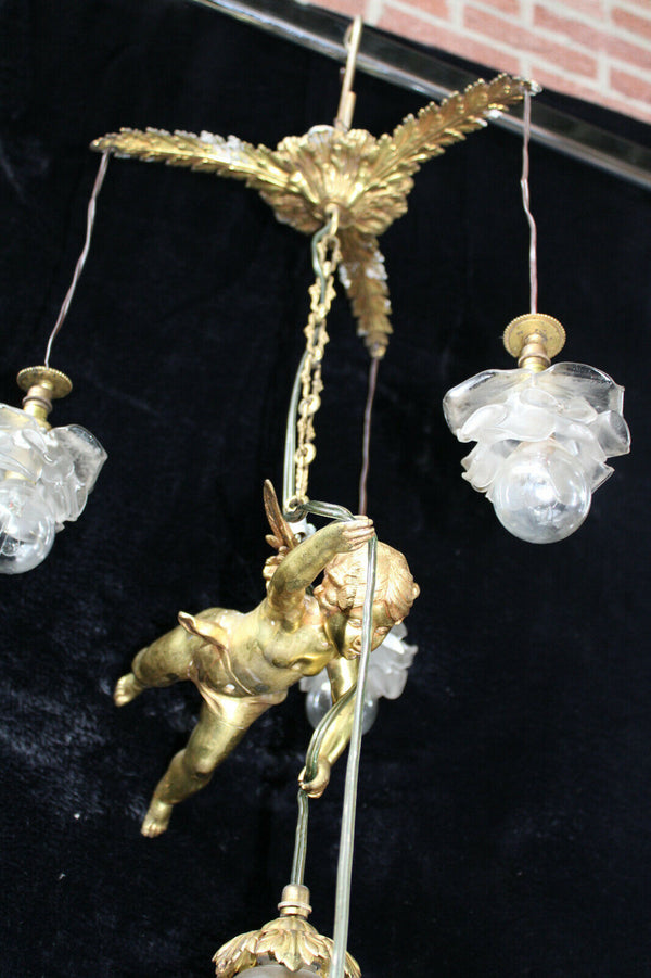 RAre French antique bronze angel putti cherub pendant lamp chandelier