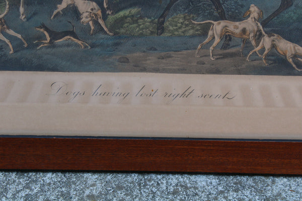 PAIR Antique CARLE VERNET hunting horse dogs coloured Lithograph framed