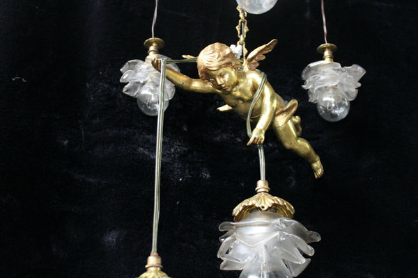 RAre French antique bronze angel putti cherub pendant lamp chandelier