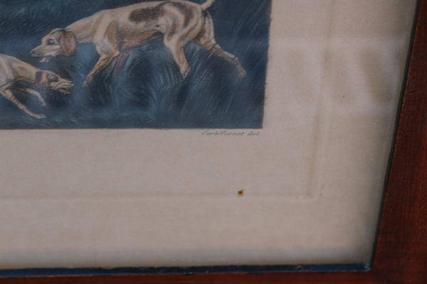 PAIR Antique CARLE VERNET hunting horse dogs coloured Lithograph framed
