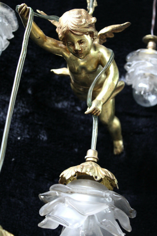 RAre French antique bronze angel putti cherub pendant lamp chandelier