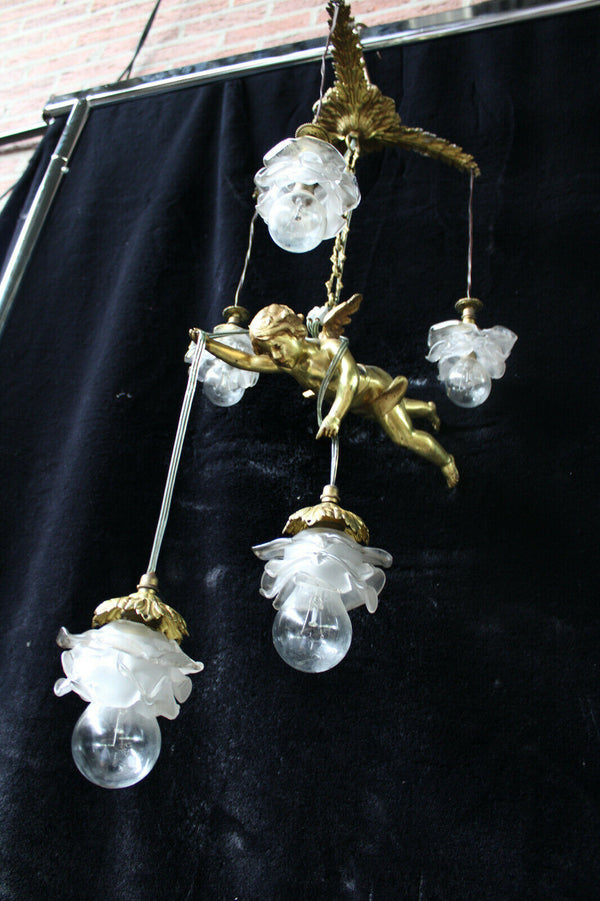 RAre French antique bronze angel putti cherub pendant lamp chandelier