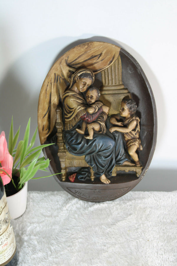 Antique French chalkware wall plaque madonna child john baptist relief