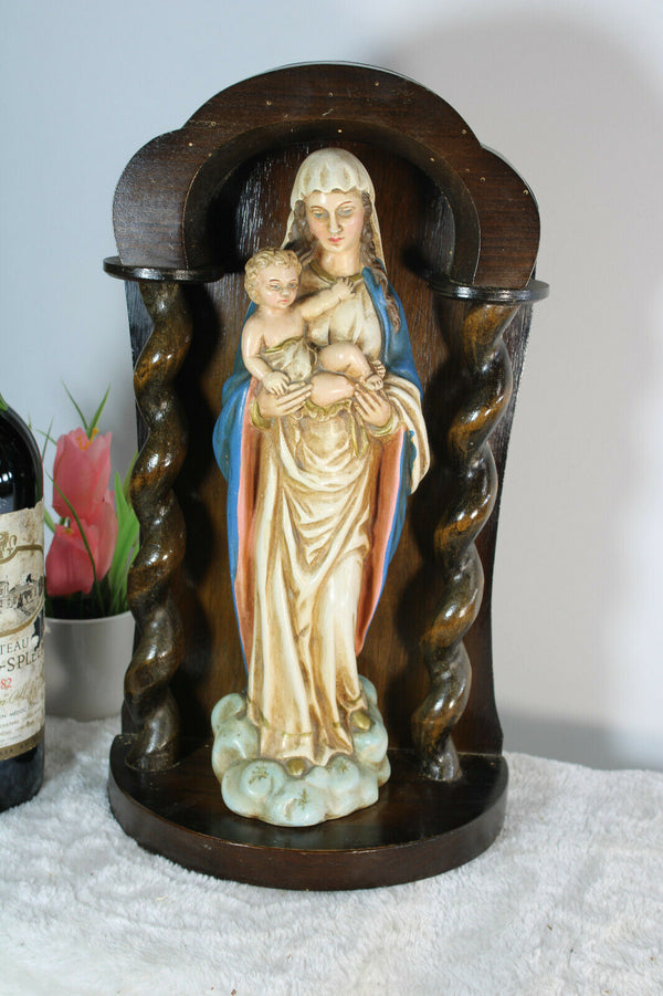 Antique Wood carved chapel chalkware madonna statue signed Guelfi religious