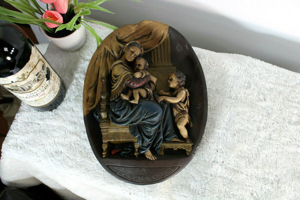 Antique French chalkware wall plaque madonna child john baptist relief