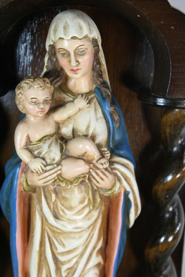 Antique Wood carved chapel chalkware madonna statue signed Guelfi religious