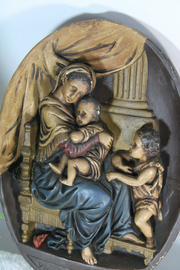 Antique French chalkware wall plaque madonna child john baptist relief