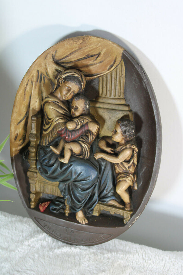 Antique French chalkware wall plaque madonna child john baptist relief