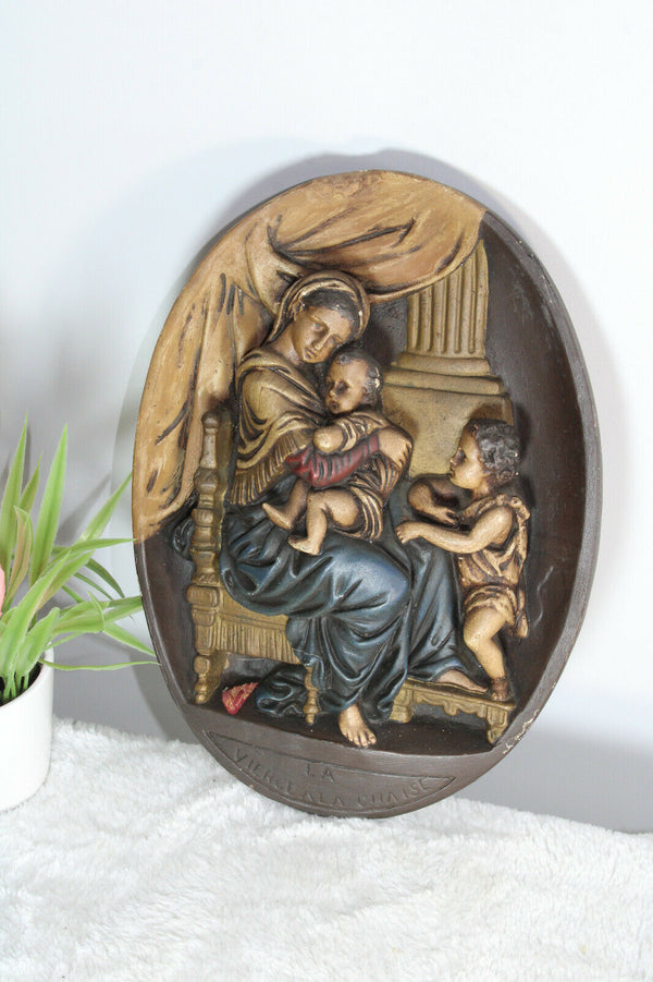 Antique French chalkware wall plaque madonna child john baptist relief