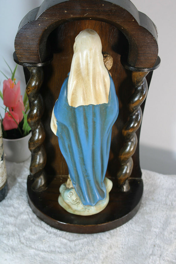 Antique Wood carved chapel chalkware madonna statue signed Guelfi religious