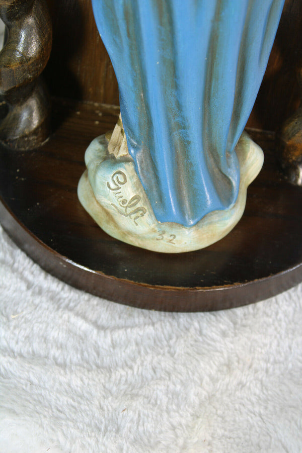 Antique Wood carved chapel chalkware madonna statue signed Guelfi religious