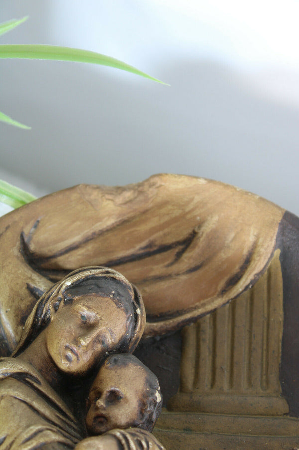 Antique French chalkware wall plaque madonna child john baptist relief