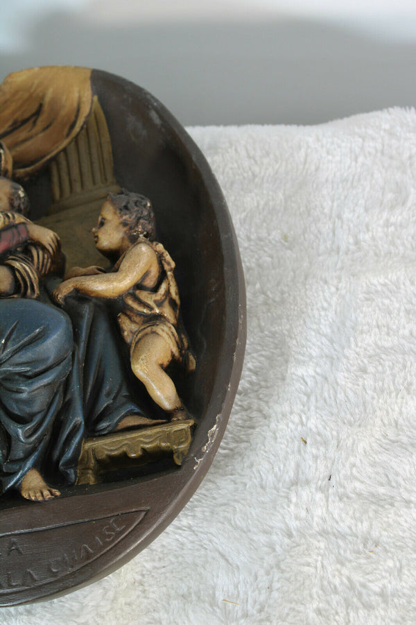 Antique French chalkware wall plaque madonna child john baptist relief