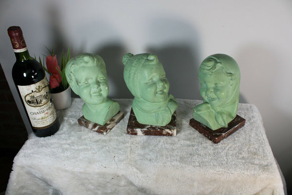 Set 3 art deco Chalkware marble base Children bust portrait statue