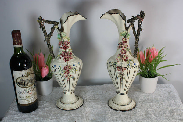 Antique pair barbotine majolica Art nouveau pitcher ewer vases