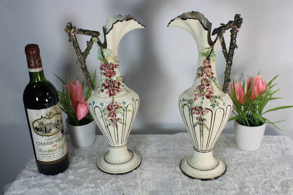Antique pair barbotine majolica Art nouveau pitcher ewer vases