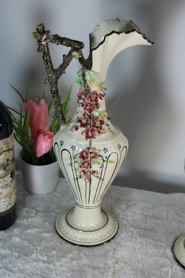 Antique pair barbotine majolica Art nouveau pitcher ewer vases