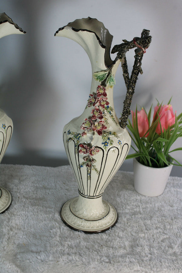 Antique pair barbotine majolica Art nouveau pitcher ewer vases