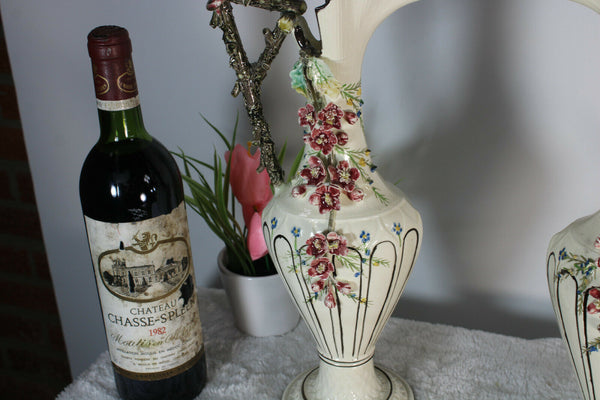 Antique pair barbotine majolica Art nouveau pitcher ewer vases