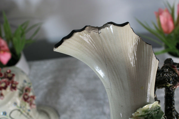 Antique pair barbotine majolica Art nouveau pitcher ewer vases