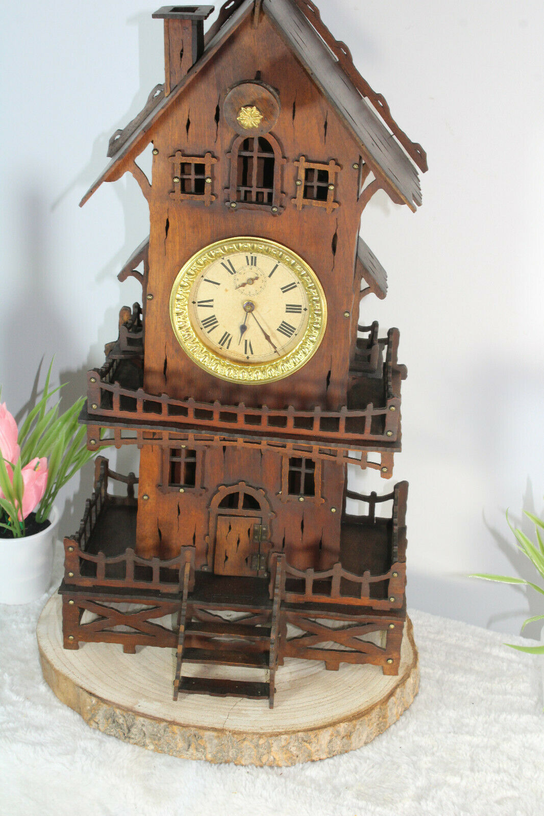 Antique French folk art handmade wood carved mantel clock house rare