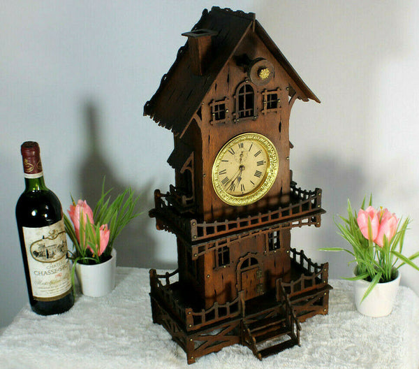 Antique French folk art handmade wood carved mantel clock house rare
