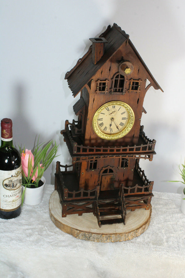 Antique French folk art handmade wood carved mantel clock house rare