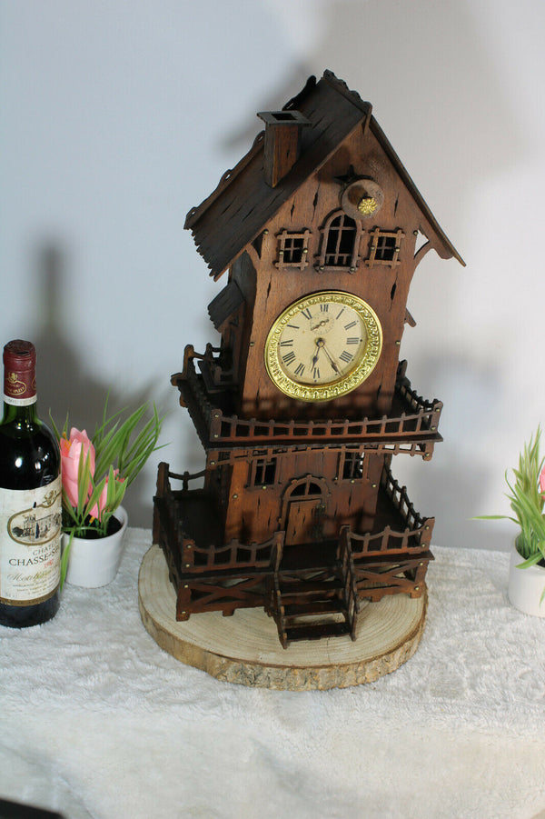 Antique French folk art handmade wood carved mantel clock house rare