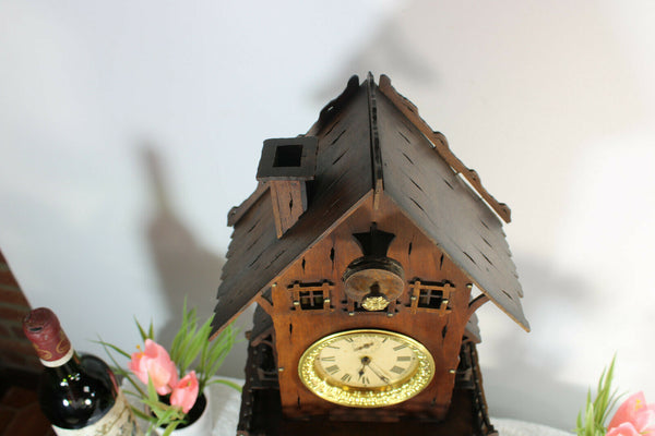 Antique French folk art handmade wood carved mantel clock house rare