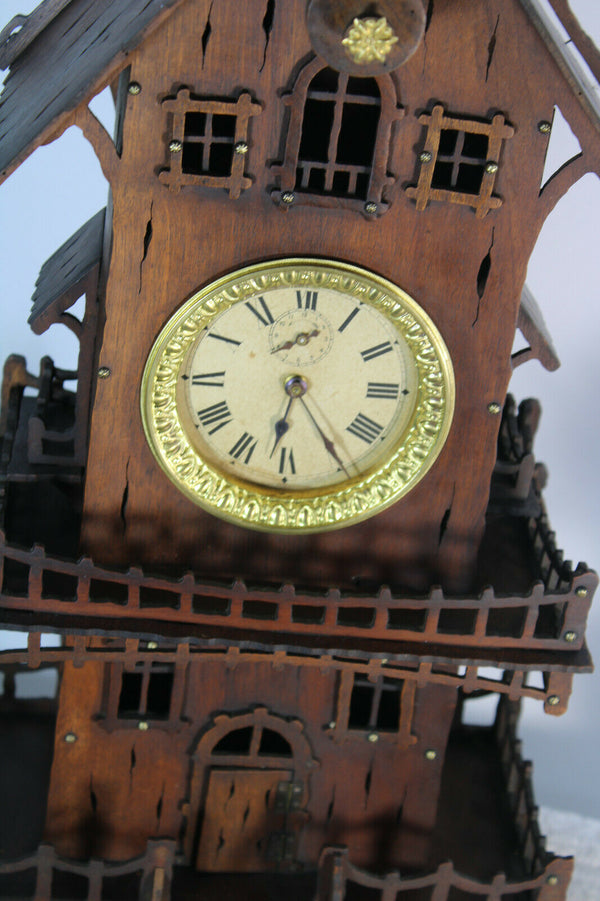 Antique French folk art handmade wood carved mantel clock house rare