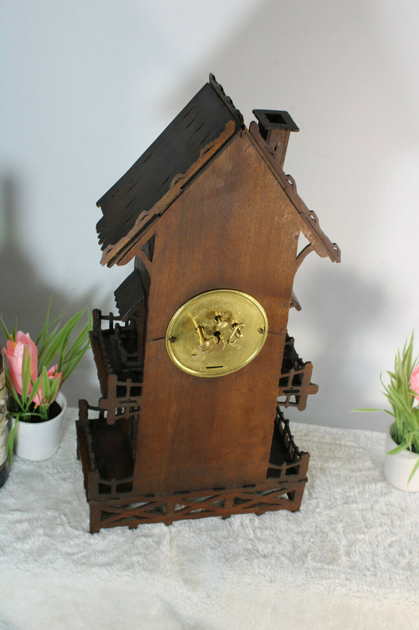 Antique French folk art handmade wood carved mantel clock house rare