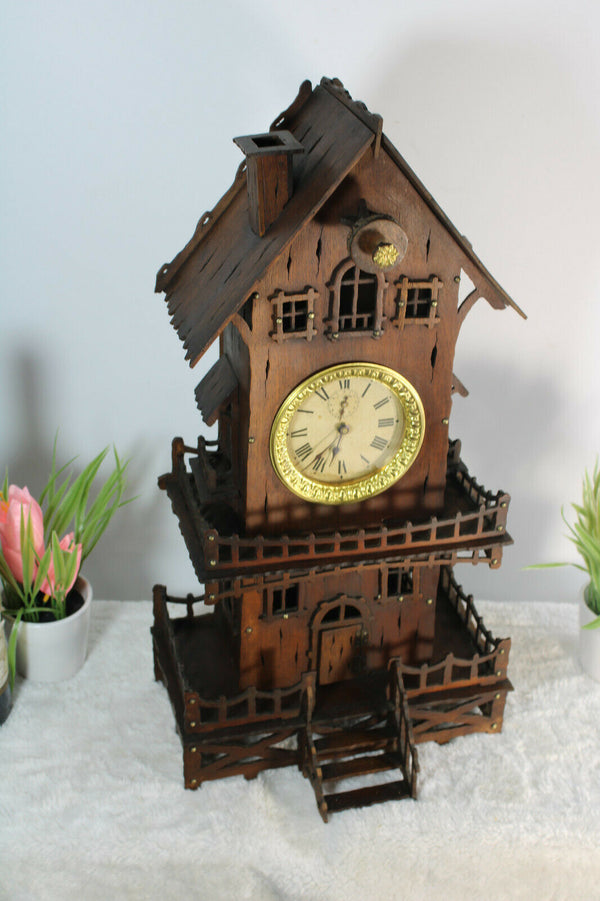 Antique French folk art handmade wood carved mantel clock house rare