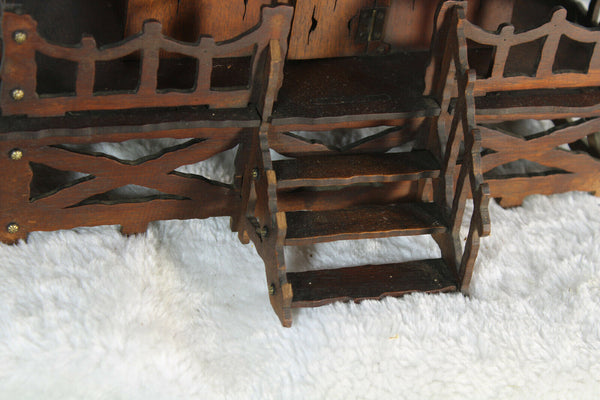 Antique French folk art handmade wood carved mantel clock house rare