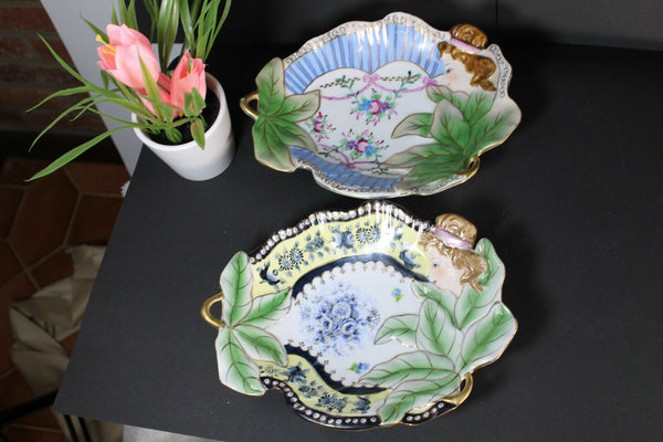 PAIR vintage porcelain bide poch trays art nouveau lady portrait mucha