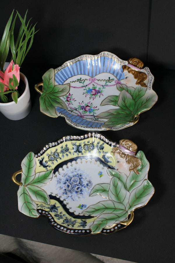 PAIR vintage porcelain bide poch trays art nouveau lady portrait mucha