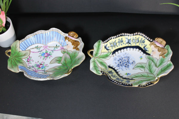 PAIR vintage porcelain bide poch trays art nouveau lady portrait mucha