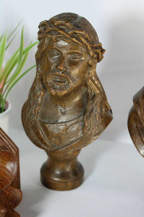 Antique Religious 19thc Bust figurine christ mary wood carved with console rare